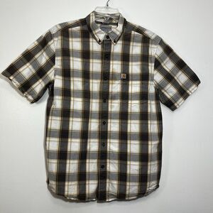 Carhartt Mens L Button Down Tan Relaxed Fit Cotton Plaid Short‎ Sleeve Shirt
